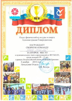 Грамота за II место по футболу среди юношей 14-15 лет. 2018 Грамота за II место по футболу среди юношей 14-15 лет. 2018